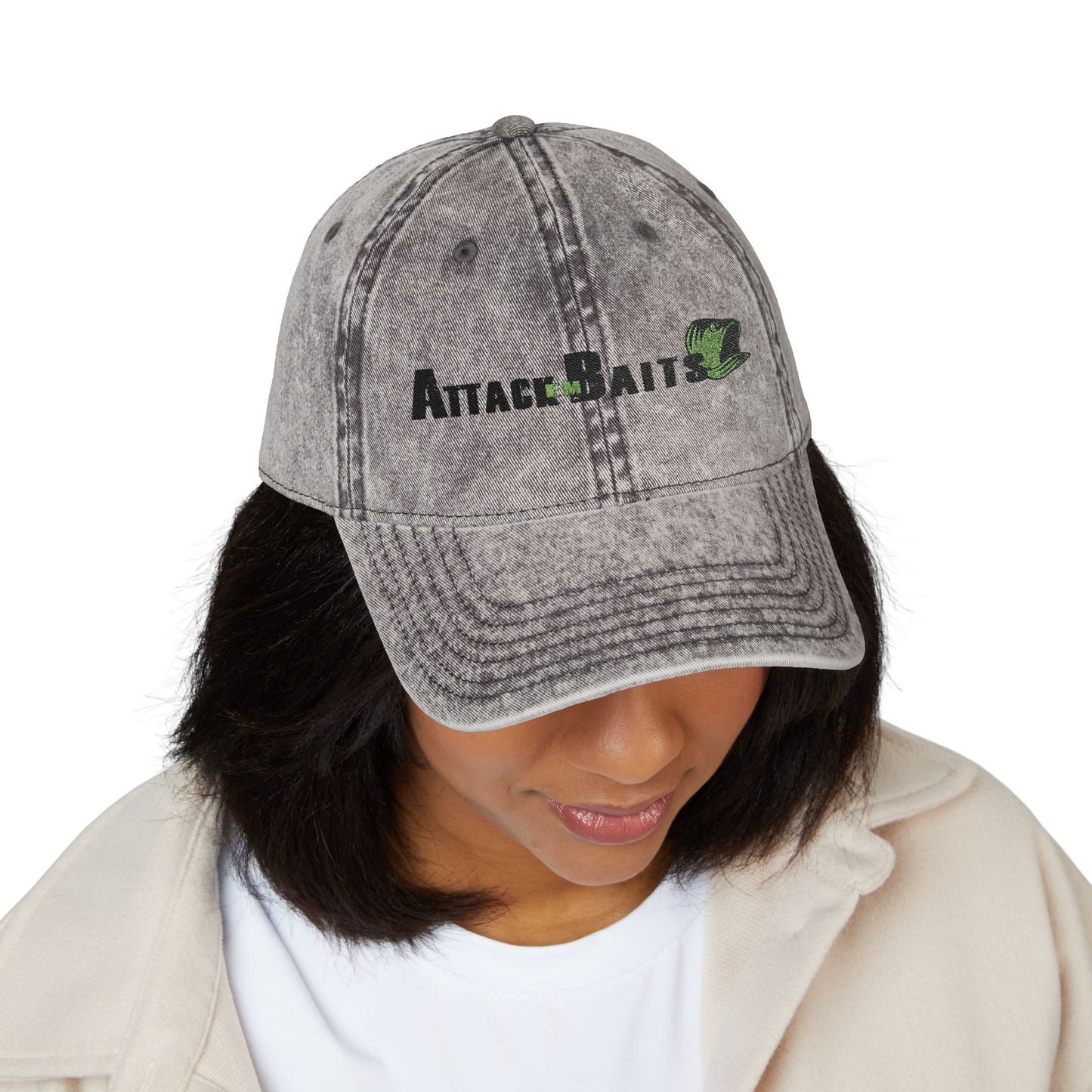 Vintage Embroidered Cap — "Attack Baits" Fishing Logo Hat