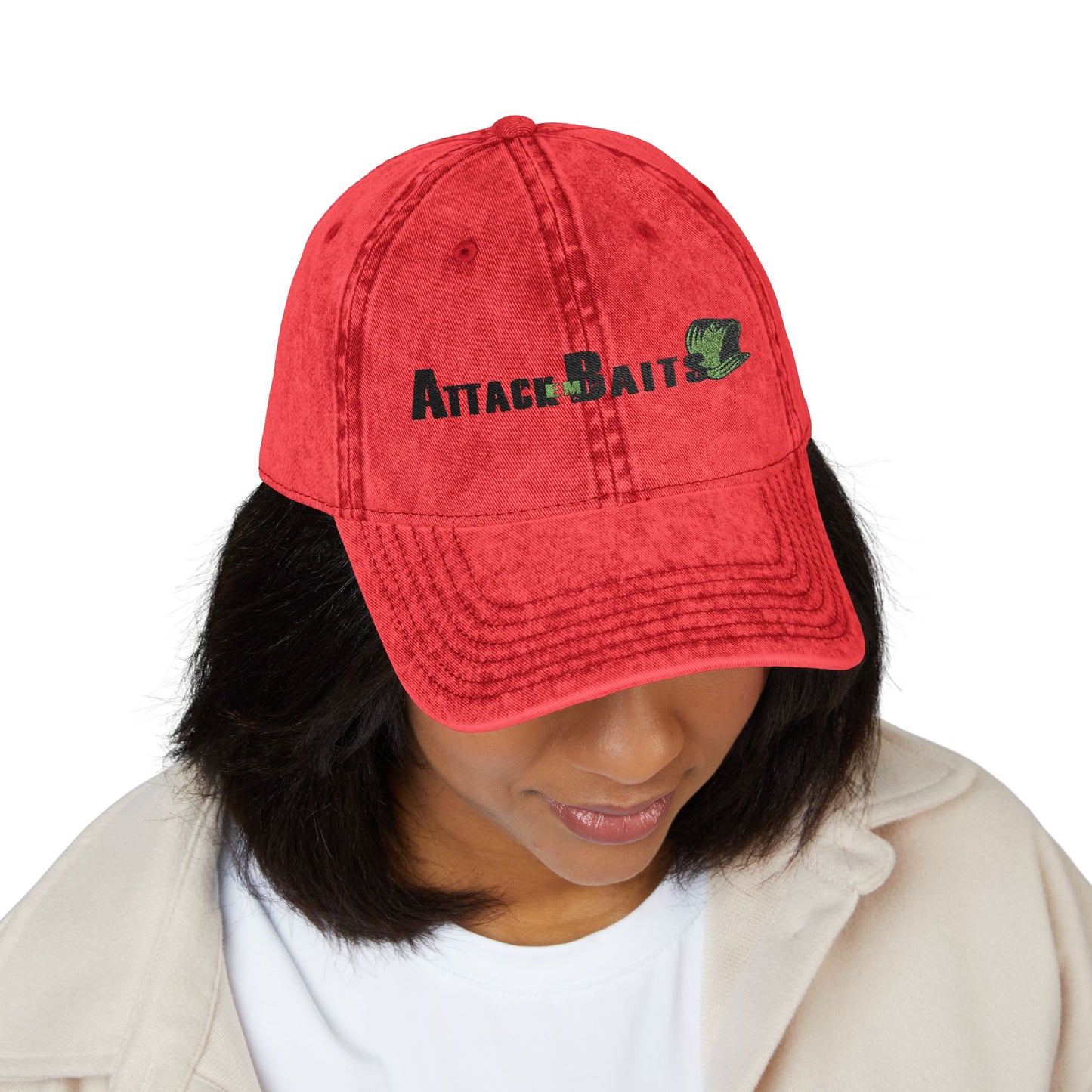 Vintage Embroidered Cap — "Attack Baits" Fishing Logo Hat