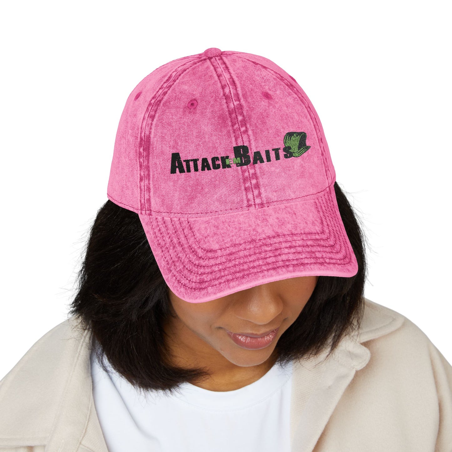 Vintage Embroidered Cap — "Attack Baits" Fishing Logo Hat