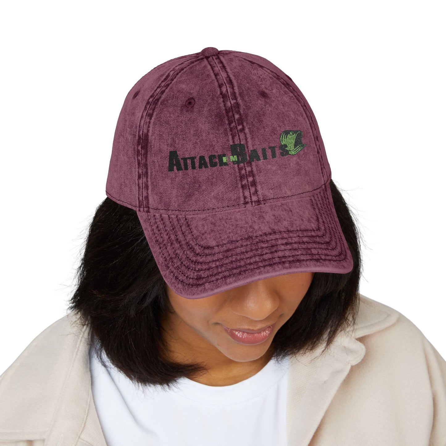 Vintage Embroidered Cap — "Attack Baits" Fishing Logo Hat